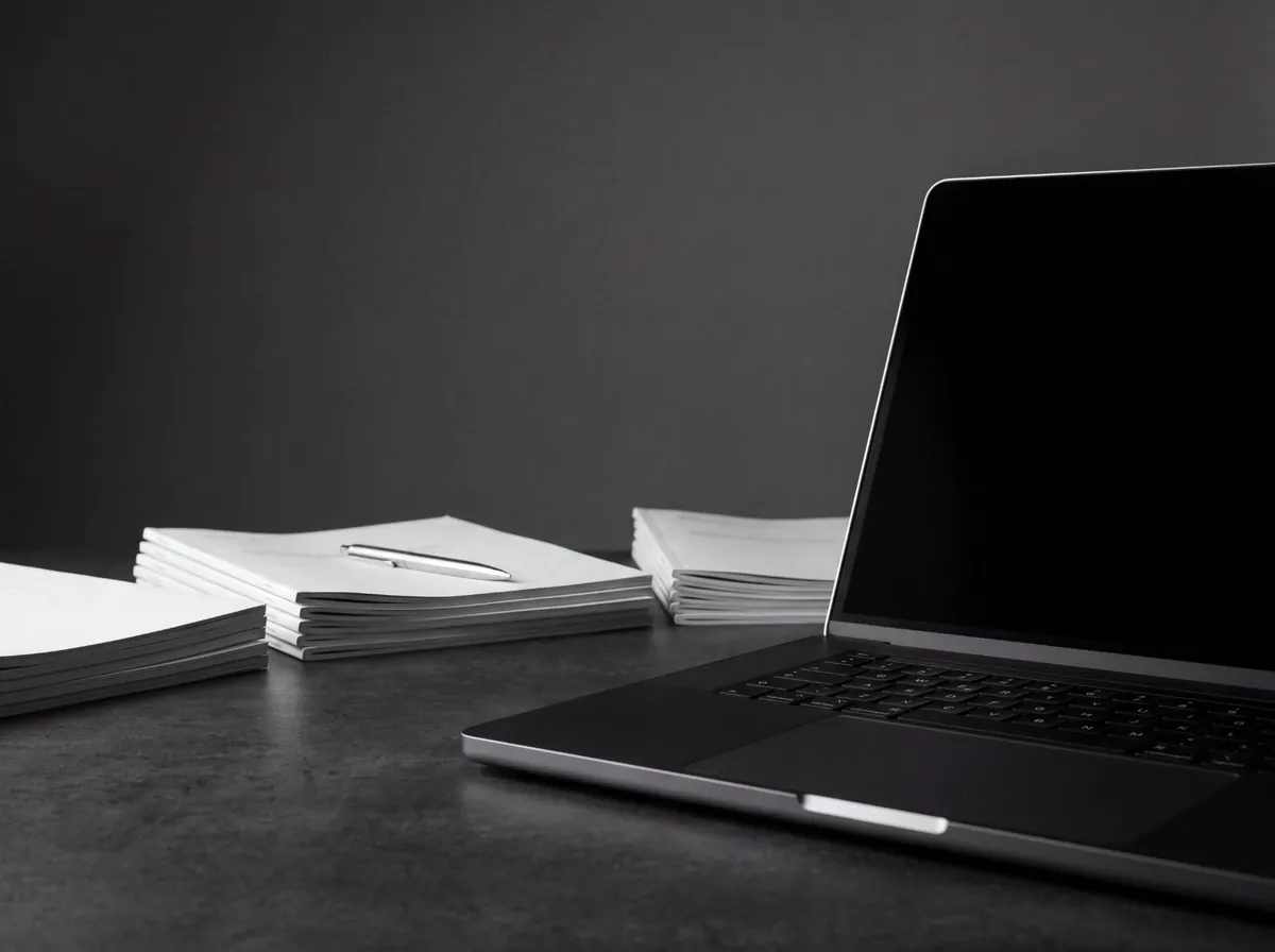 A laptop open on a desk beside printed reports